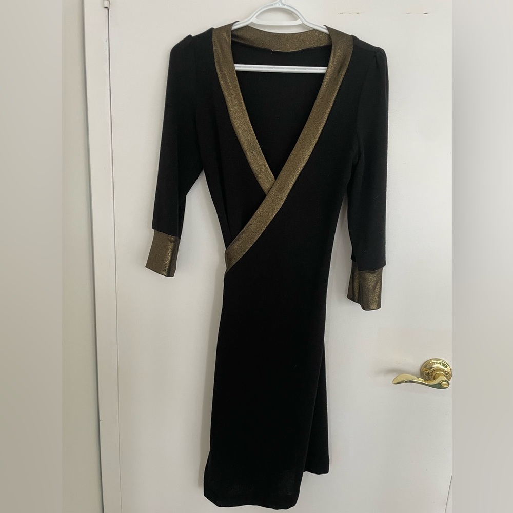 Black and Gold Knit Wrap Dress